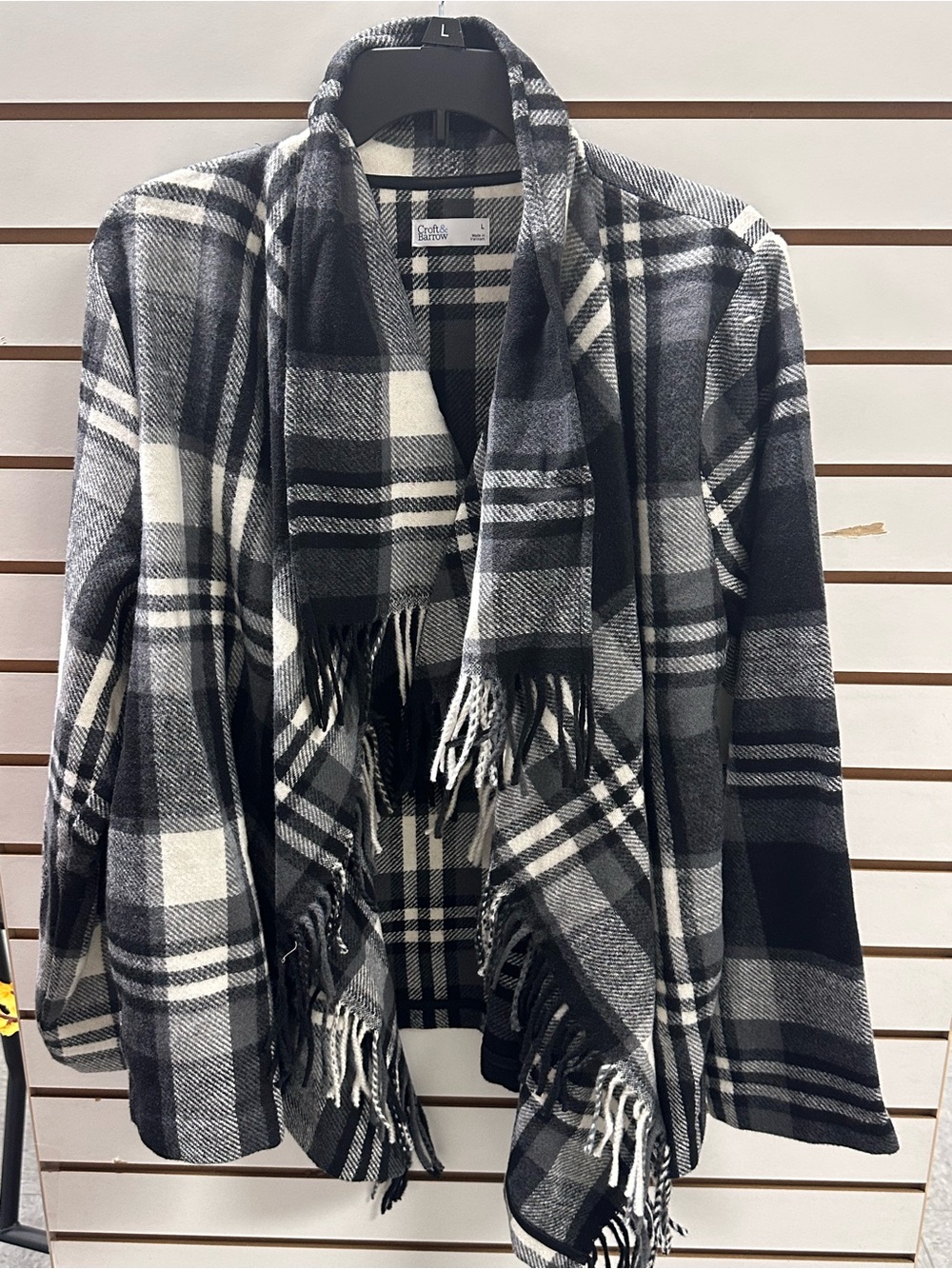 Croft & Barrow Black & White Plaid Fringe Open-Front Jacket